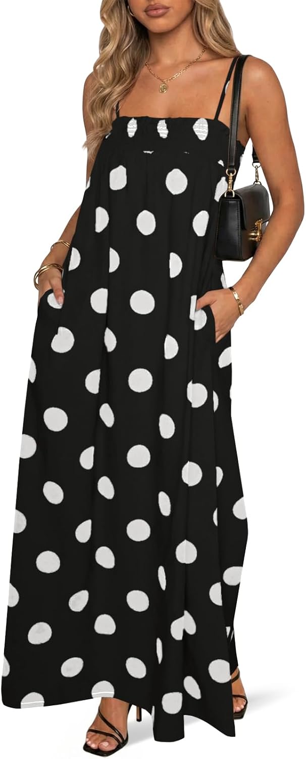 Wenrine Womens Polka Dot Maxi Dress Spaghetti Strap Long Summer Dresses | Polkadot, Sleeveless, Smocked, Loose Fit, Flowy, Long Beach Dress, Casual, Vacation