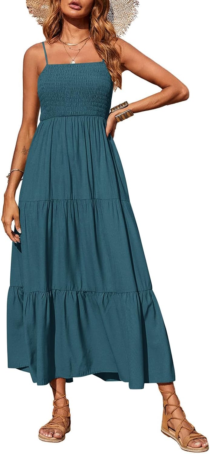 PRETTYGARDEN Women's Summer Maxi Dress 2026 Spaghetti Strap Sundresses | Boho Dress, Sleeveless, Smocked, Flowy Tiered A Line Long Dress, Beach Vacation, Party, Wedding Guest