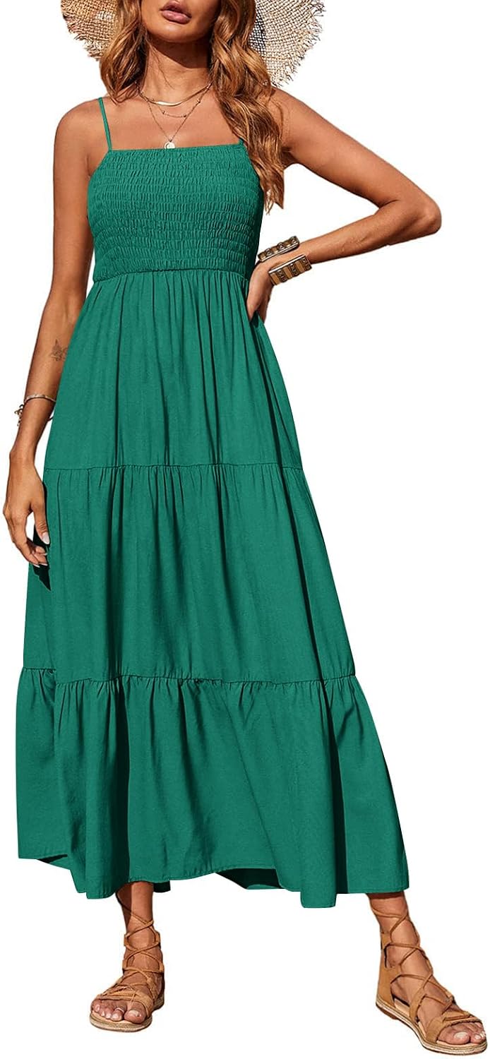 PRETTYGARDEN Women's Summer Maxi Dress 2026 Spaghetti Strap Sundresses | Boho Dress, Sleeveless, Smocked, Flowy Tiered A Line Long Dress, Beach Vacation, Party, Wedding Guest