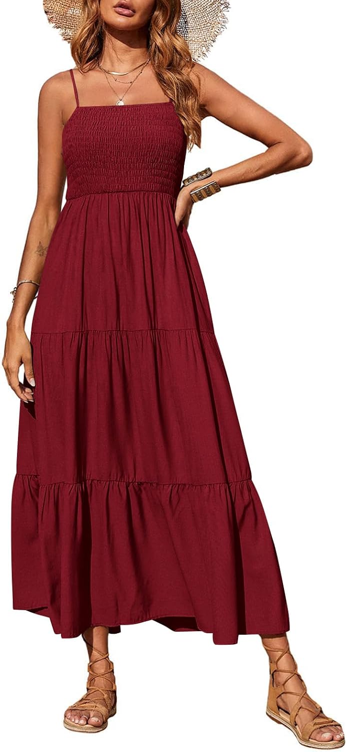 PRETTYGARDEN Women's Summer Maxi Dress 2026 Spaghetti Strap Sundresses | Boho Dress, Sleeveless, Smocked, Flowy Tiered A Line Long Dress, Beach Vacation, Party, Wedding Guest
