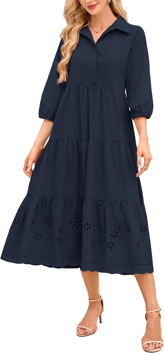 Women Button Down Maxi Shirt Dress Long Sleeve Flowy Tiered Collared Dresses with Pockets