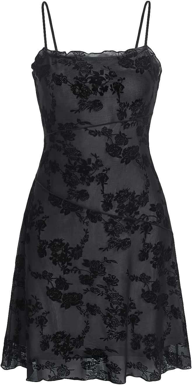 Verdusa Women's Mini Dress Floral Mesh Spaghetti Strap Short Dresses Y2k | Gothic Goth Dress, Grunge Emo Clothes, Teen Dresses, Teen Wedding Guest Dress
