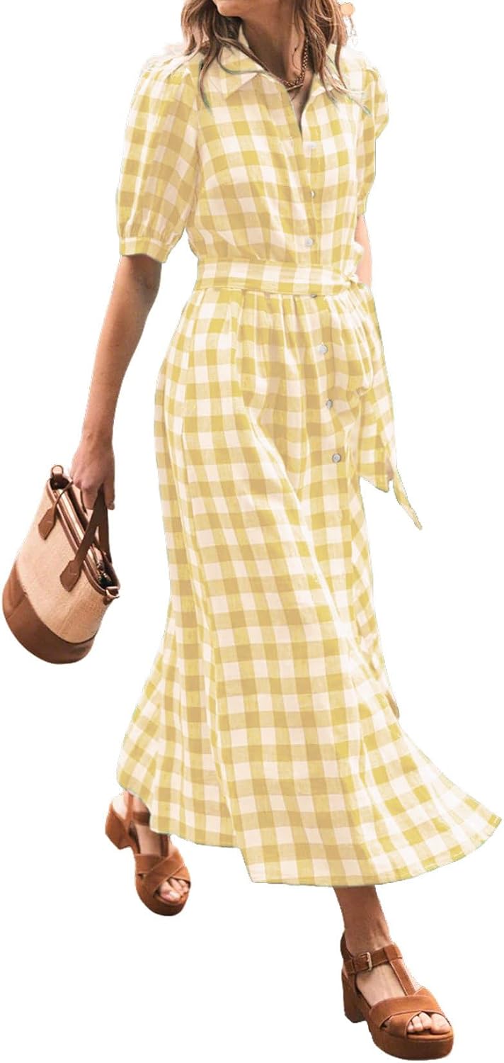 CHARTOU Women Summer Plaid Puff Short Sleeve Dress Button Down Long Shirt Dress with Belt