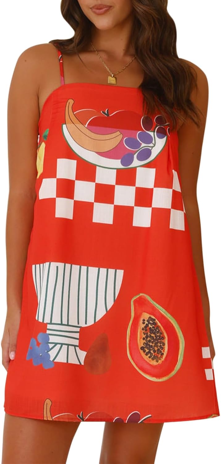 NUFIWI Women Boho Graffiti Cami Mini Dress Spaghetti Strap Printed A Line Short Dress Cute Colorful Sundress