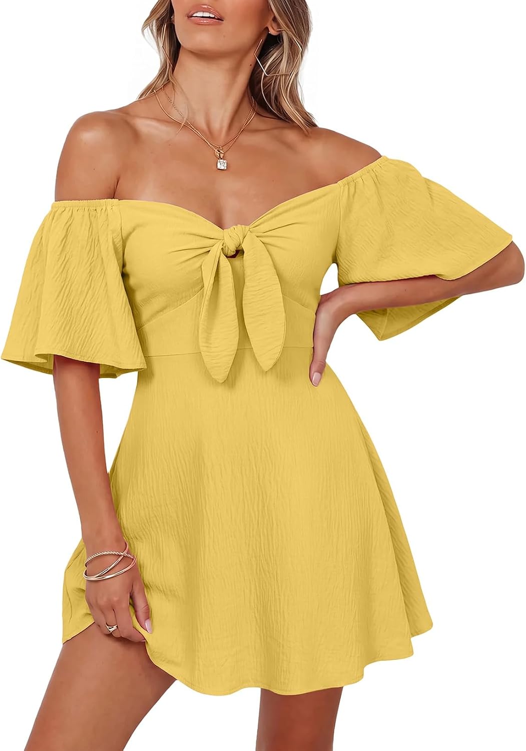 Dokotoo Womens Dresses 2026 Deep V Neck Elegant Bow tie Mini Dress S-XL | 2026 Summer Fall,Short Sleeve,V Neck,Graduation Party Dress,Elegant,Flowy Beach Vacation Wear,Casual Dress