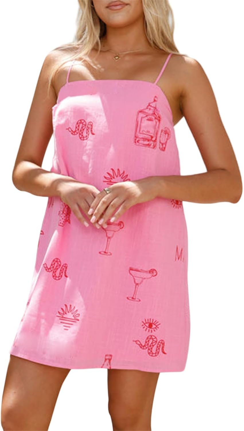 NUFIWI Women Boho Graffiti Cami Mini Dress Spaghetti Strap Printed A Line Short Dress Cute Colorful Sundress