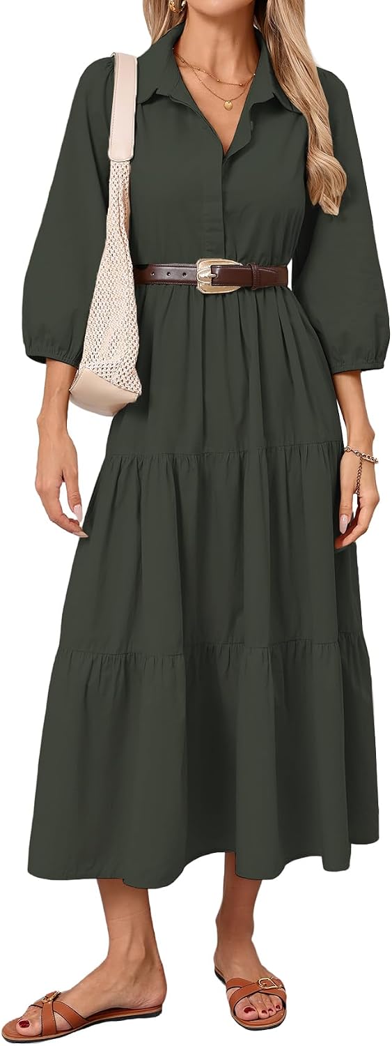 Women Button Down Maxi Shirt Dress Long Sleeve Flowy Tiered Collared Dresses with Pockets