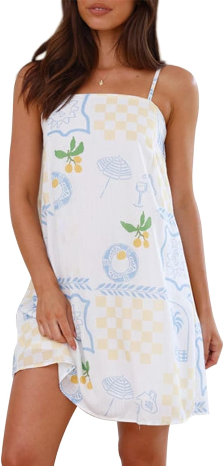 NUFIWI Women Boho Graffiti Cami Mini Dress Spaghetti Strap Printed A Line Short Dress Cute Colorful Sundress