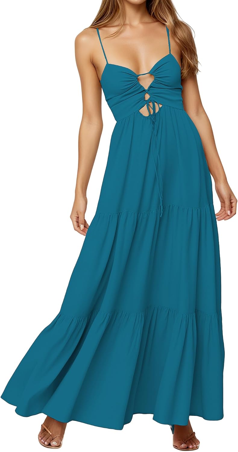 Womens Summer Floral Spaghetti Strap Backless Low Cut Smocked Milkmaid Flowy Beach Sundresses