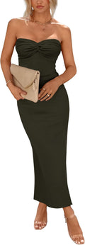 PRETTYGARDEN Womens Summer Strapless Bodycon Tube Maxi Dress | Soft Stretchy Ribbed Knit, Twist Knot Front, Slim Fit Back Slit, Semi Formal Dresses for Cocktail Party, Wedding, Date Night