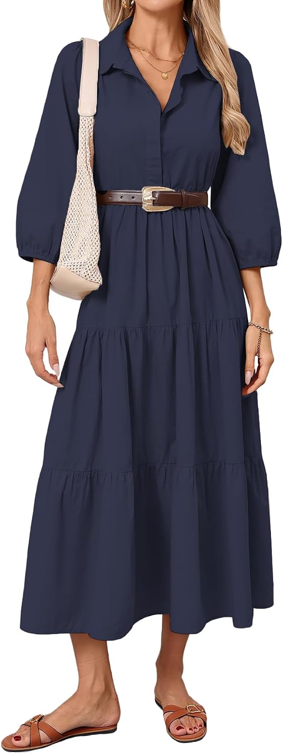 Women Button Down Maxi Shirt Dress Long Sleeve Flowy Tiered Collared Dresses with Pockets