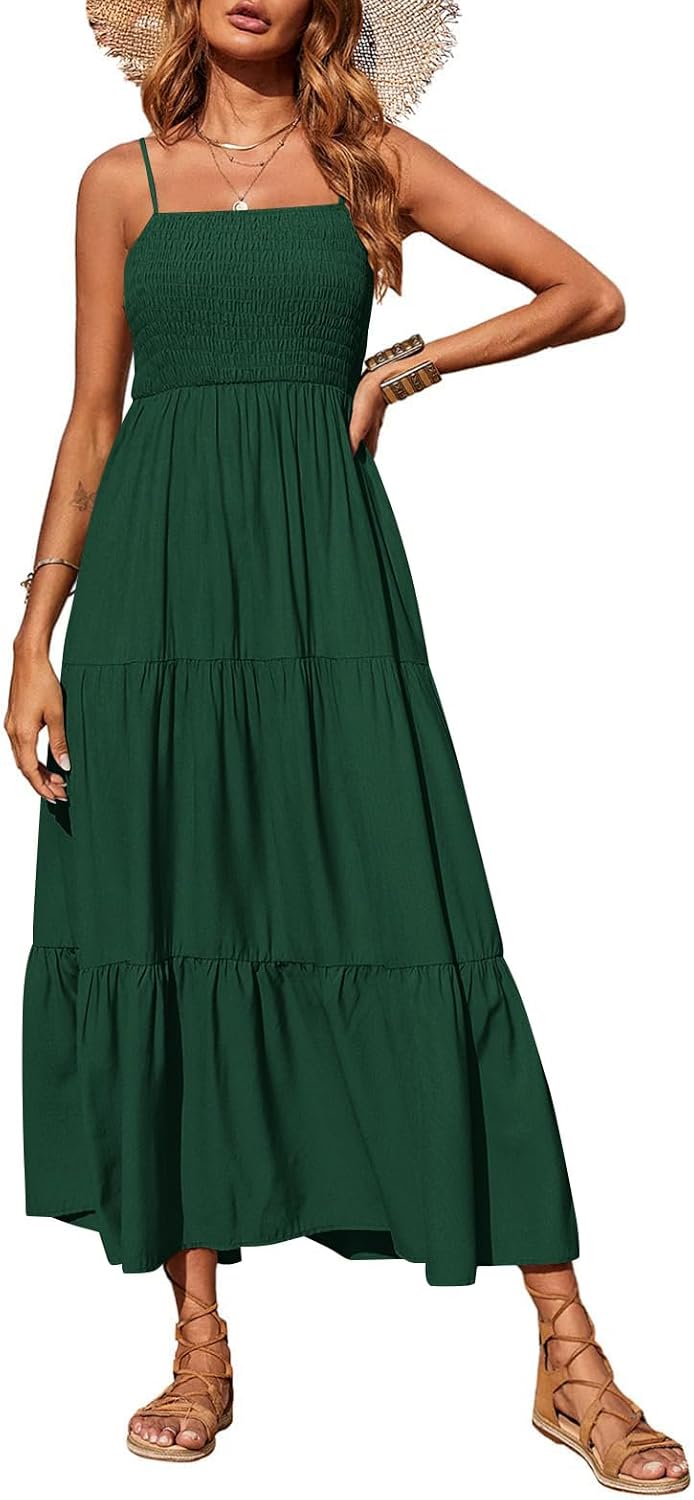 PRETTYGARDEN Women's Summer Maxi Dress 2026 Spaghetti Strap Sundresses | Boho Dress, Sleeveless, Smocked, Flowy Tiered A Line Long Dress, Beach Vacation, Party, Wedding Guest