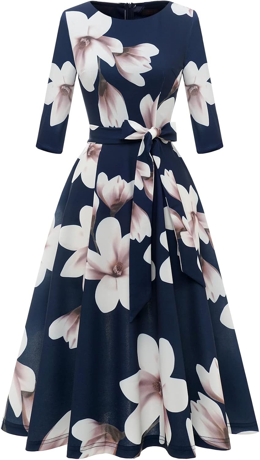 DRESSTELLS Cocktail Dresses for Women, Vintage Wedding Guest Church Dress | 3\/4 Sleeves, A-line, Mid Calf, Detachable Belt, Ideal for Formal Tea Party