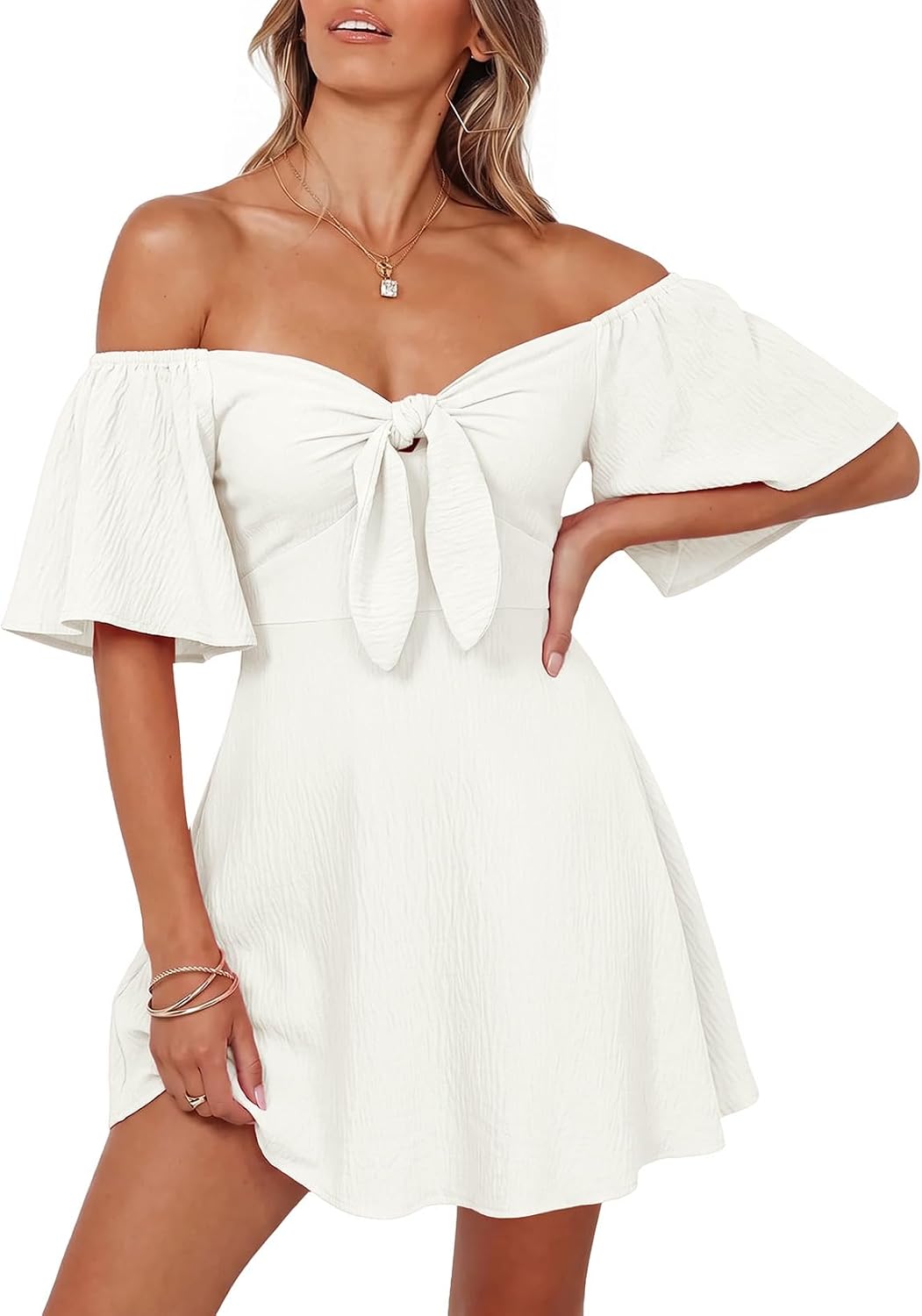 Dokotoo Womens Dresses 2026 Deep V Neck Elegant Bow tie Mini Dress S-XL | 2026 Summer Fall,Short Sleeve,V Neck,Graduation Party Dress,Elegant,Flowy Beach Vacation Wear,Casual Dress