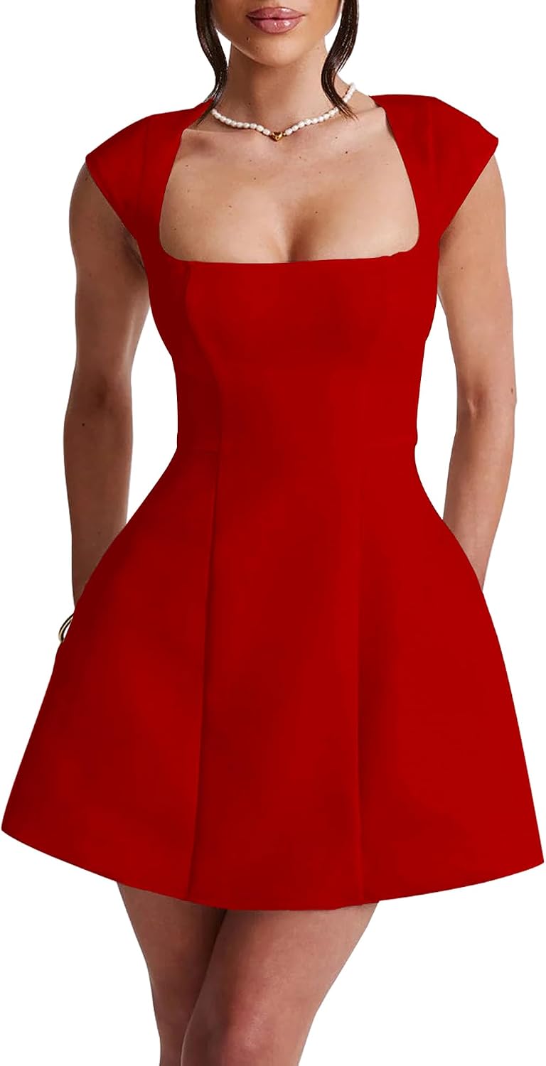 LuFeng Women's Square Neck Cap Sleeve Fully Lined Mini Dress | Zipper A Line Graduation Homecoming Birthday Dinner Party Club Short Dresses