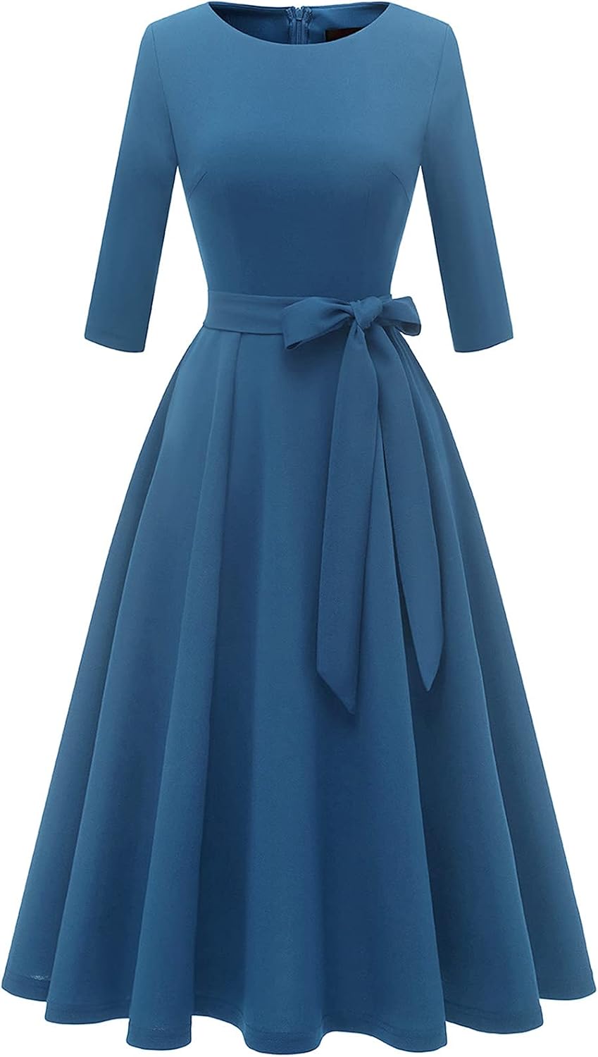DRESSTELLS Cocktail Dresses for Women, Vintage Wedding Guest Church Dress | 3\/4 Sleeves, A-line, Mid Calf, Detachable Belt, Ideal for Formal Tea Party