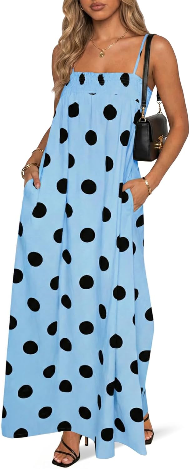 Wenrine Womens Polka Dot Maxi Dress Spaghetti Strap Long Summer Dresses | Polkadot, Sleeveless, Smocked, Loose Fit, Flowy, Long Beach Dress, Casual, Vacation