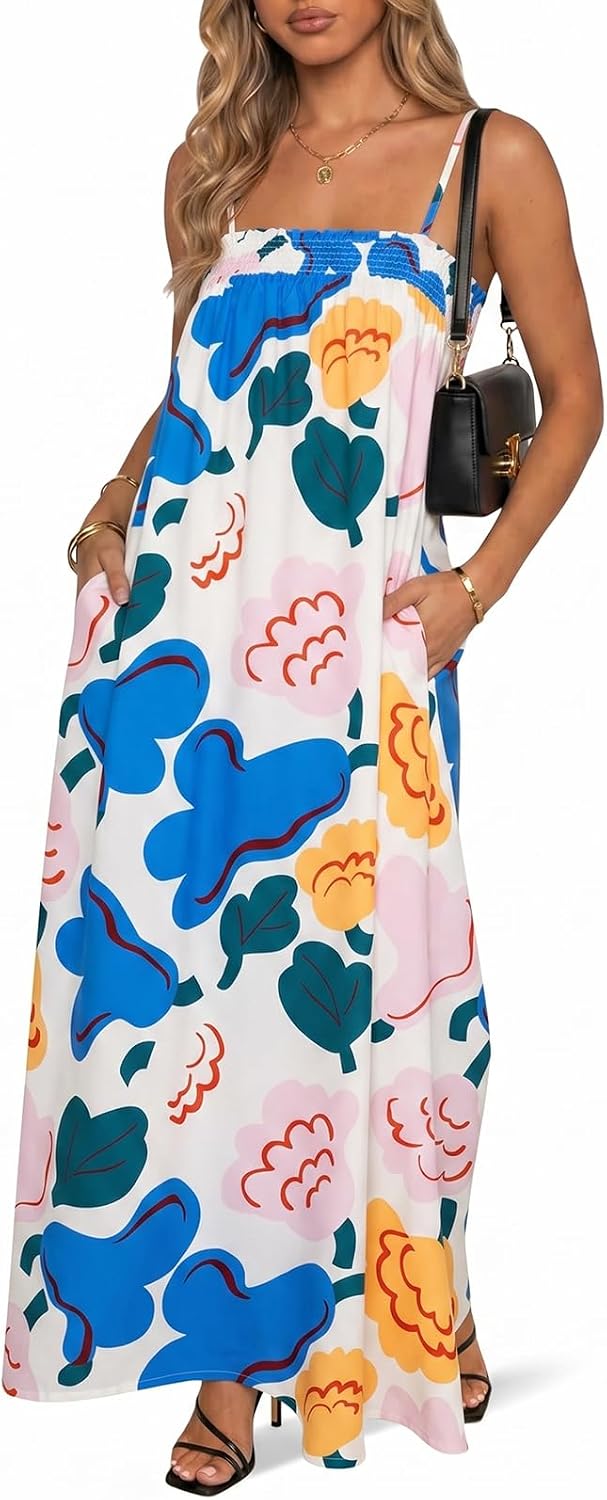 Wenrine Womens Polka Dot Maxi Dress Spaghetti Strap Long Summer Dresses | Polkadot, Sleeveless, Smocked, Loose Fit, Flowy, Long Beach Dress, Casual, Vacation