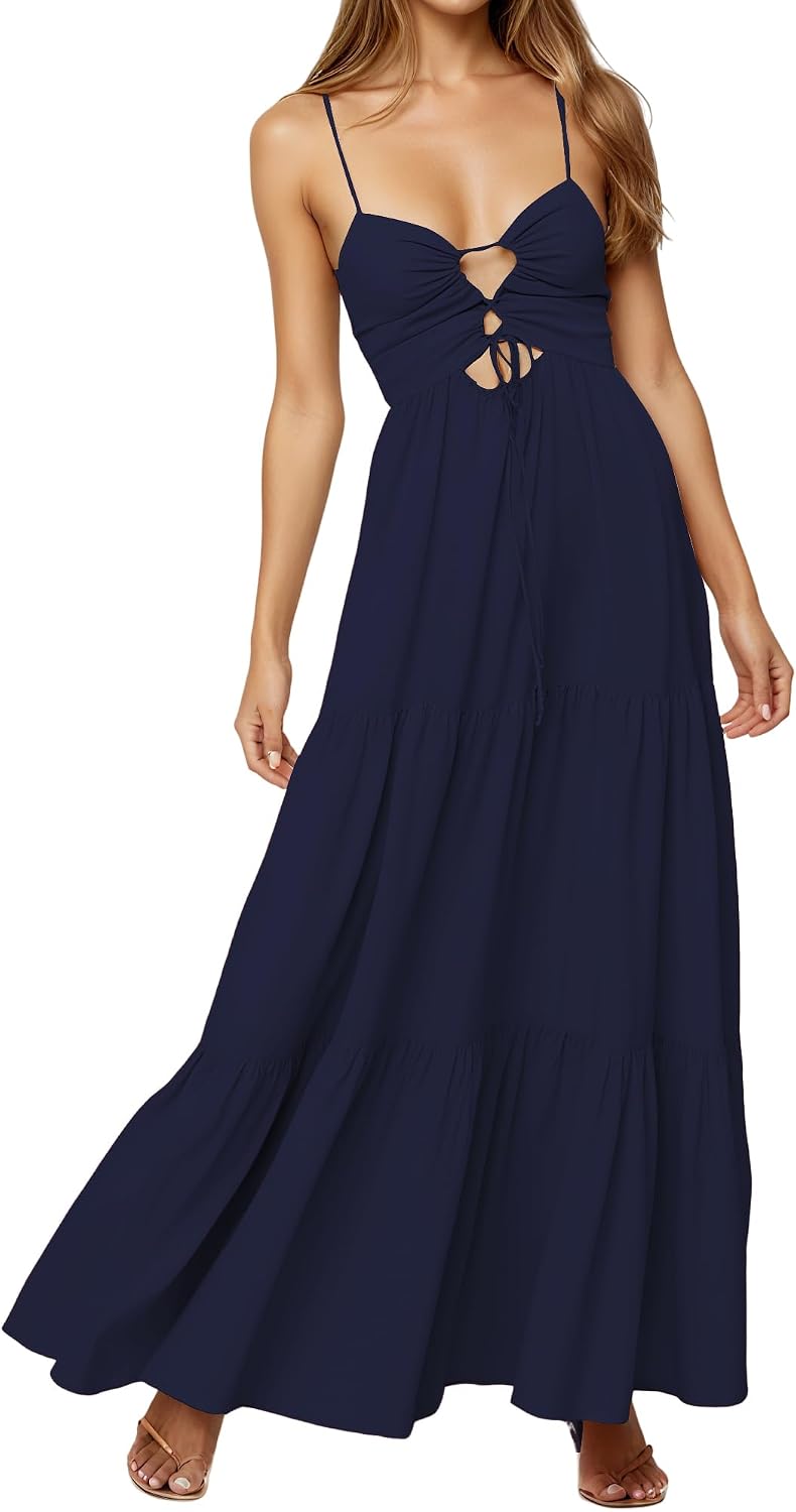 Womens Summer Floral Spaghetti Strap Backless Low Cut Smocked Milkmaid Flowy Beach Sundresses
