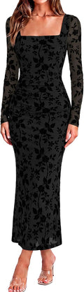 BerryGo Womens Floral Print Mesh Midi Dress Square Neck Long Sleeve Bodycon Ruched Fall Cocktail Party Wedding Guest Dresses