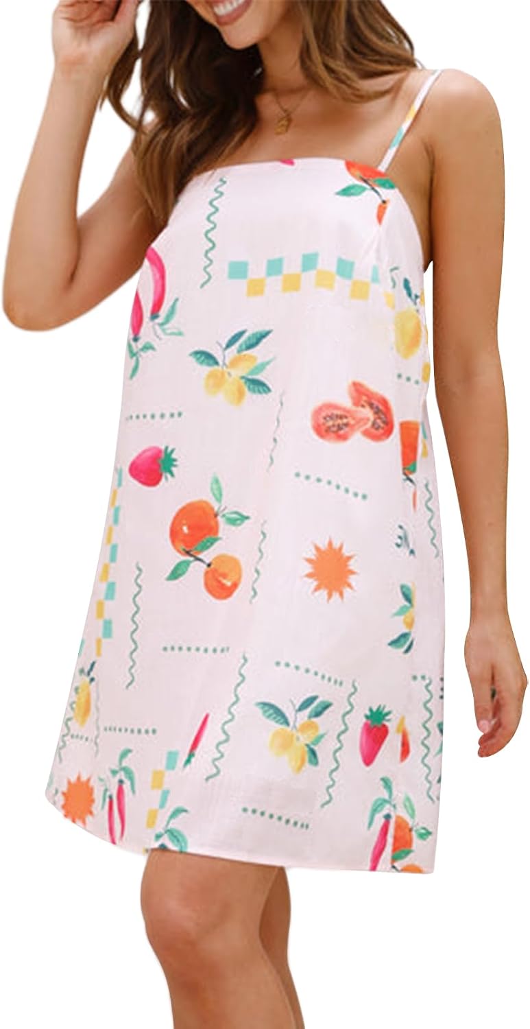 NUFIWI Women Boho Graffiti Cami Mini Dress Spaghetti Strap Printed A Line Short Dress Cute Colorful Sundress