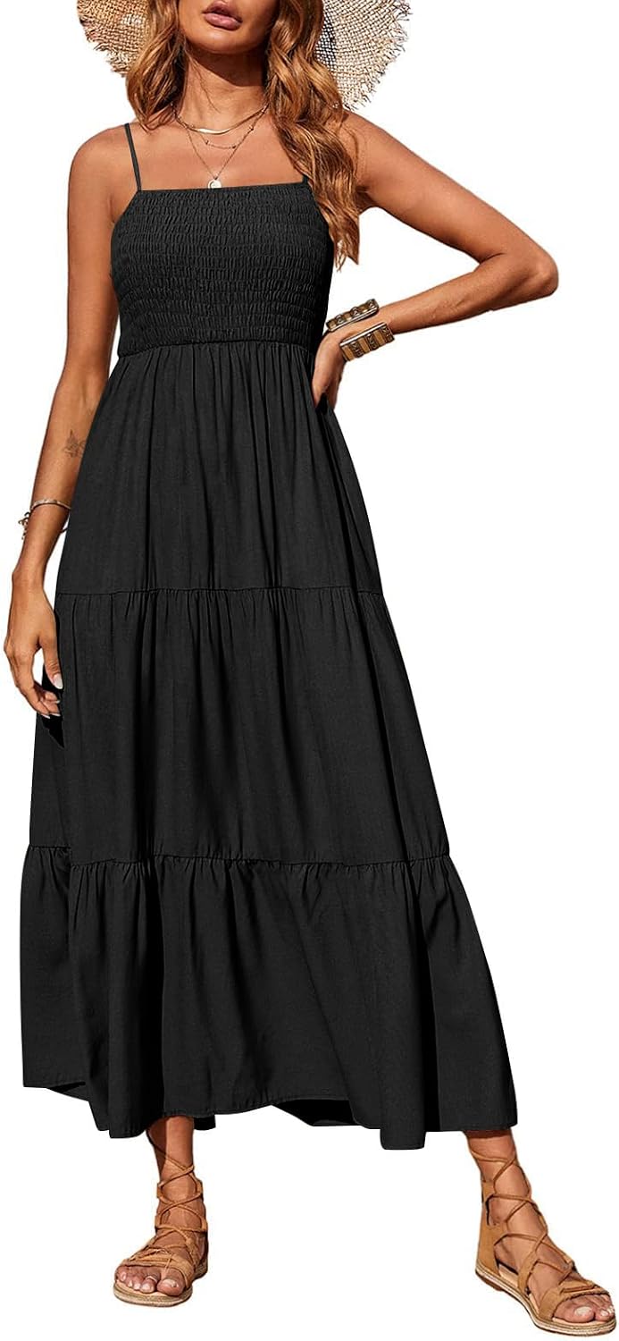 PRETTYGARDEN Women's Summer Maxi Dress 2026 Spaghetti Strap Sundresses | Boho Dress, Sleeveless, Smocked, Flowy Tiered A Line Long Dress, Beach Vacation, Party, Wedding Guest