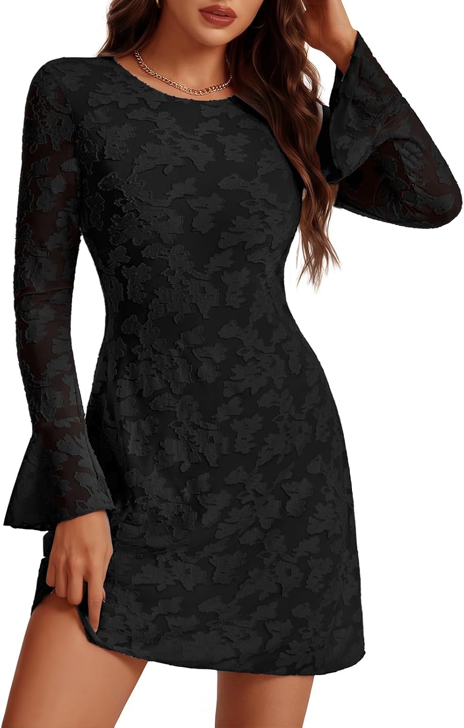 Bbonlinedress Women Long Sleeve Mesh Mini Wedding Guest Cocktail Dress | Homecoming, Going Out, Date Night, Club, Prom Fall Dress With Long Sleeve for Teens Juniors