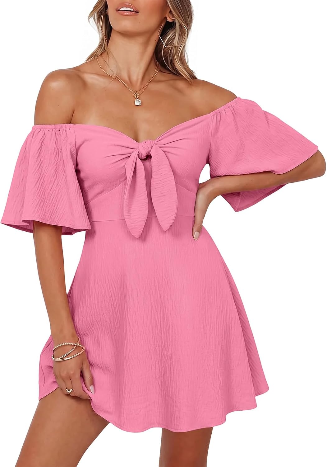 Dokotoo Womens Dresses 2026 Deep V Neck Elegant Bow tie Mini Dress S-XL | 2026 Summer Fall,Short Sleeve,V Neck,Graduation Party Dress,Elegant,Flowy Beach Vacation Wear,Casual Dress