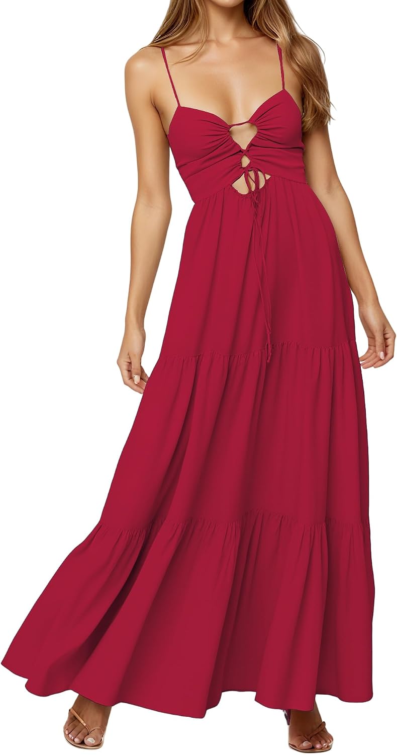 Womens Summer Floral Spaghetti Strap Backless Low Cut Smocked Milkmaid Flowy Beach Sundresses