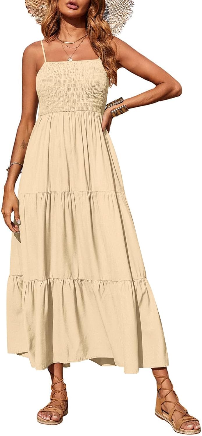 PRETTYGARDEN Women's Summer Maxi Dress 2026 Spaghetti Strap Sundresses | Boho Dress, Sleeveless, Smocked, Flowy Tiered A Line Long Dress, Beach Vacation, Party, Wedding Guest