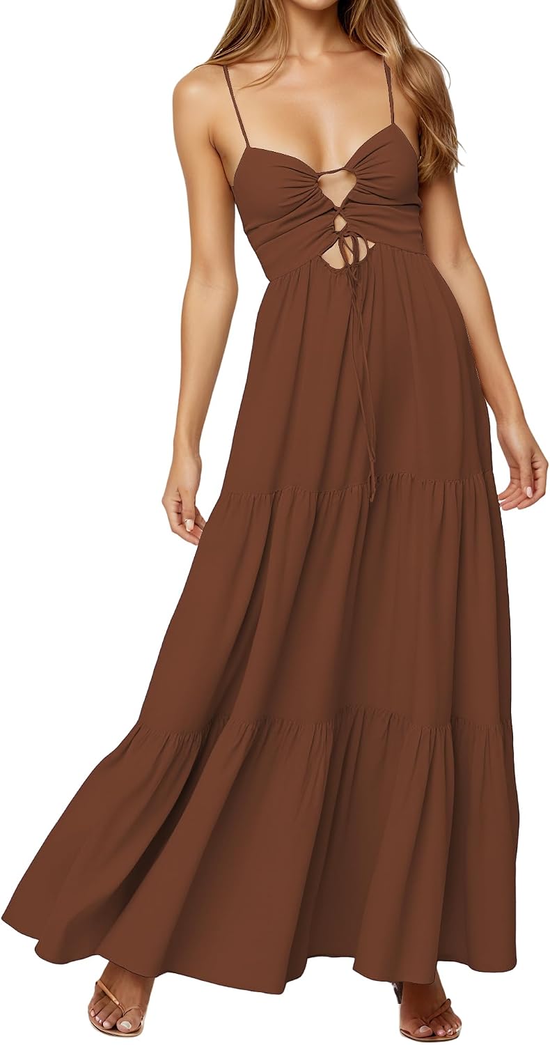 Womens Summer Floral Spaghetti Strap Backless Low Cut Smocked Milkmaid Flowy Beach Sundresses