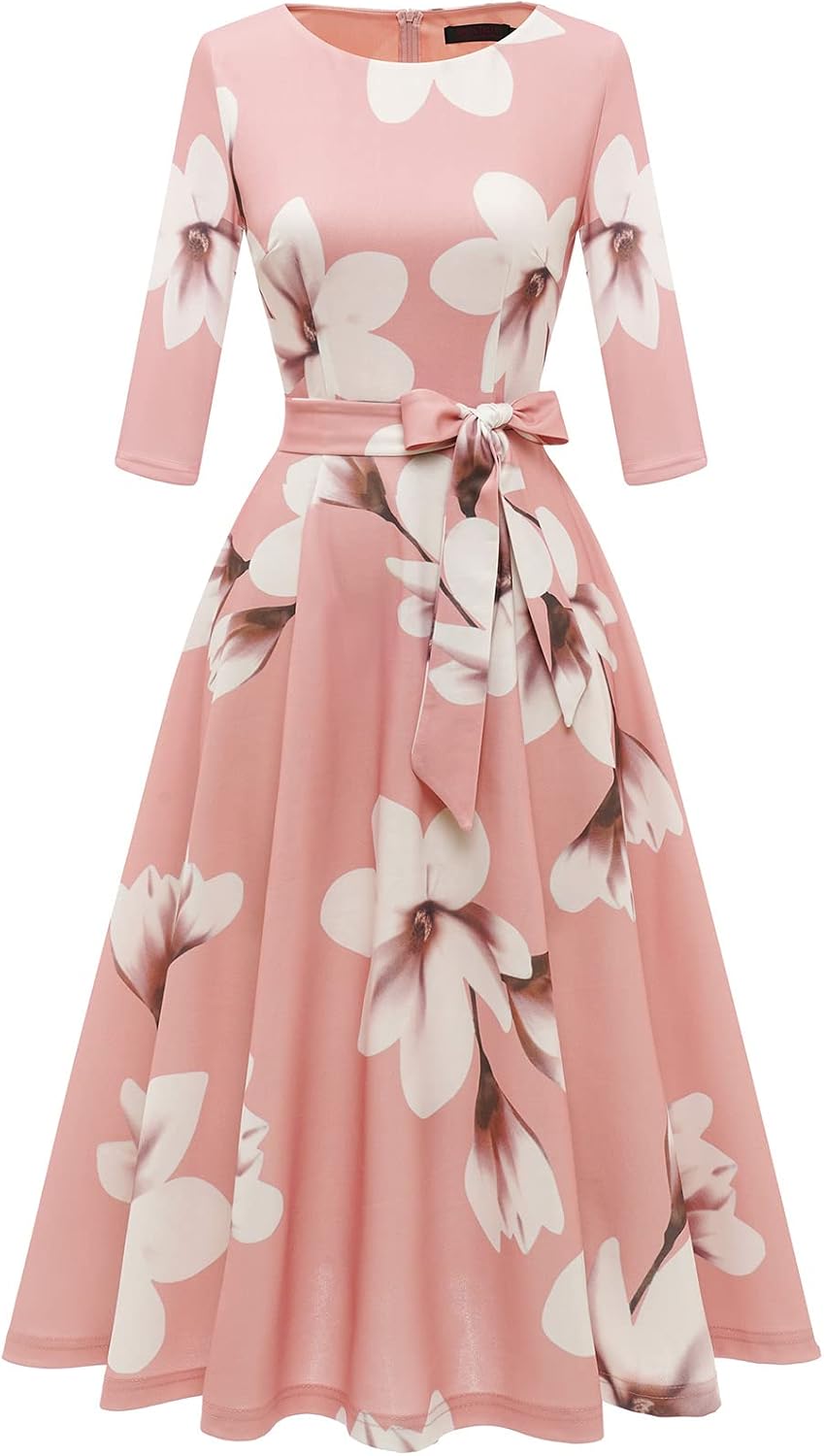 DRESSTELLS Cocktail Dresses for Women, Vintage Wedding Guest Church Dress | 3\/4 Sleeves, A-line, Mid Calf, Detachable Belt, Ideal for Formal Tea Party