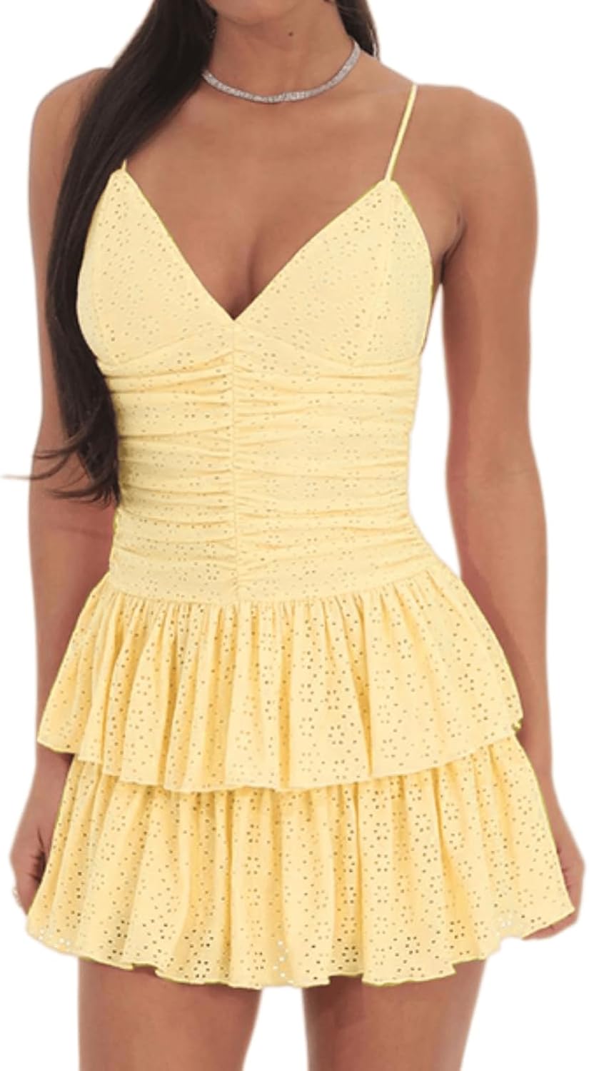 YOXUA Women's Deep V-Neck Spaghetti Strap Casual Tiered Mini Dresses Summer Layer Ruffle Hem Short Dress