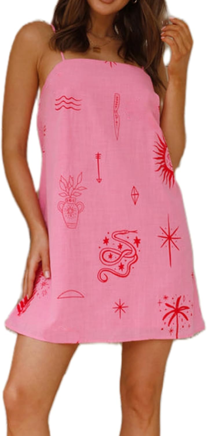 NUFIWI Women Boho Graffiti Cami Mini Dress Spaghetti Strap Printed A Line Short Dress Cute Colorful Sundress
