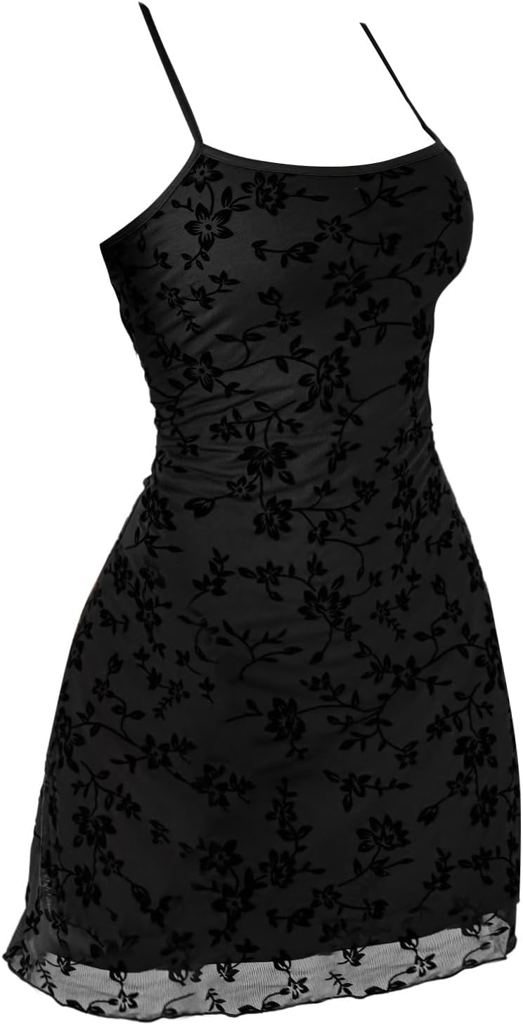 Verdusa Women's Mini Dress Floral Mesh Spaghetti Strap Short Dresses Y2k | Gothic Goth Dress, Grunge Emo Clothes, Teen Dresses, Teen Wedding Guest Dress