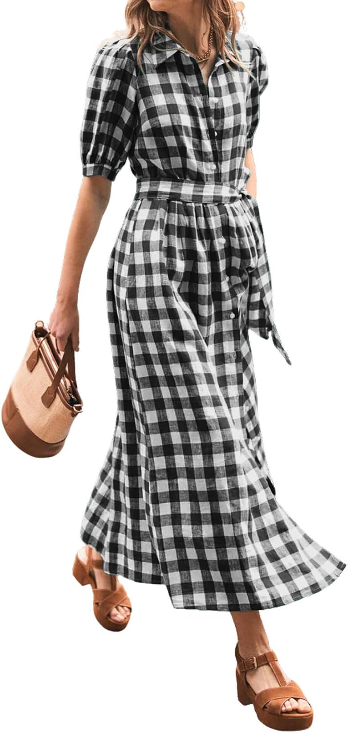 CHARTOU Women Summer Plaid Puff Short Sleeve Dress Button Down Long Shirt Dress with Belt