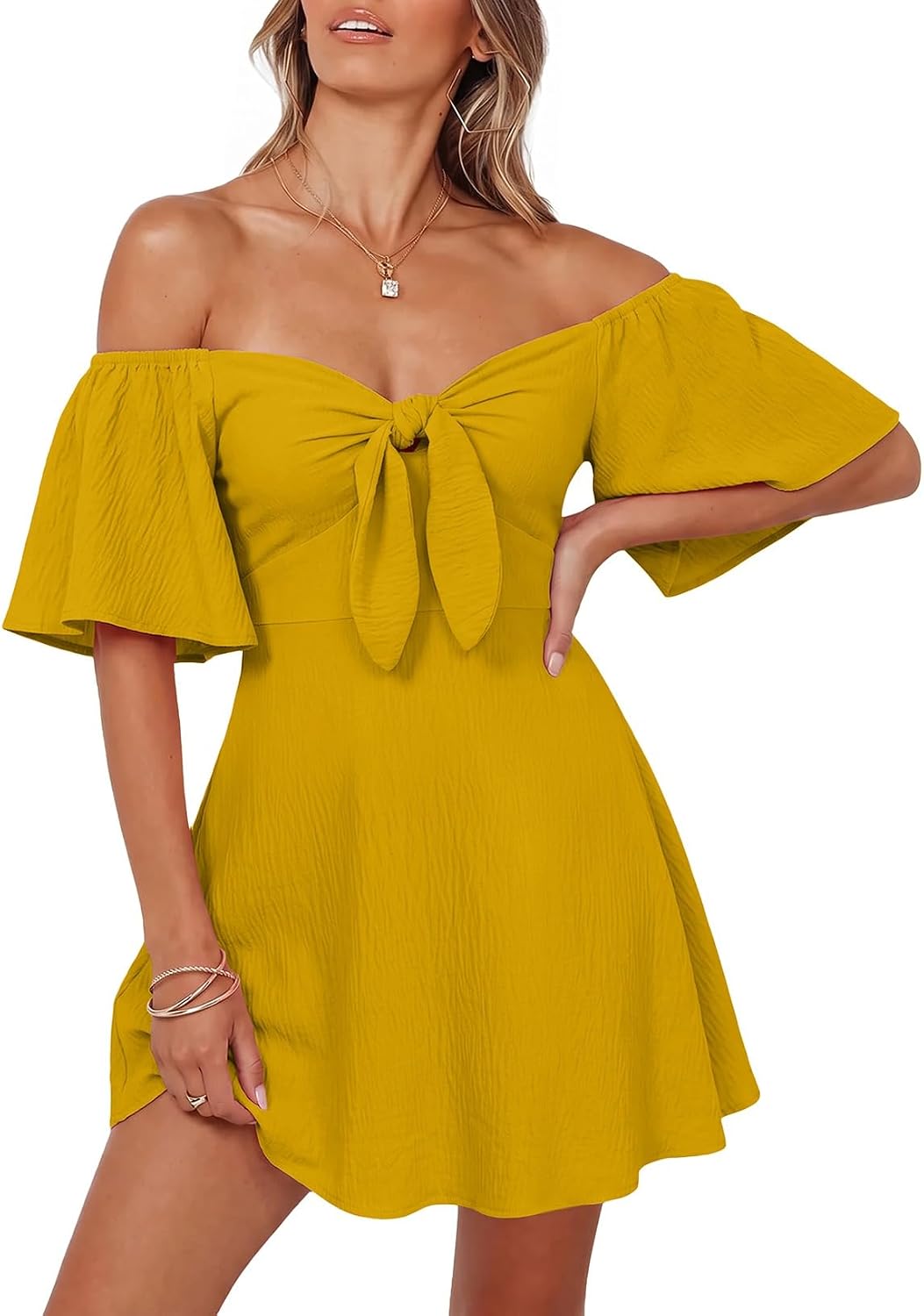 Dokotoo Womens Dresses 2026 Deep V Neck Elegant Bow tie Mini Dress S-XL | 2026 Summer Fall,Short Sleeve,V Neck,Graduation Party Dress,Elegant,Flowy Beach Vacation Wear,Casual Dress