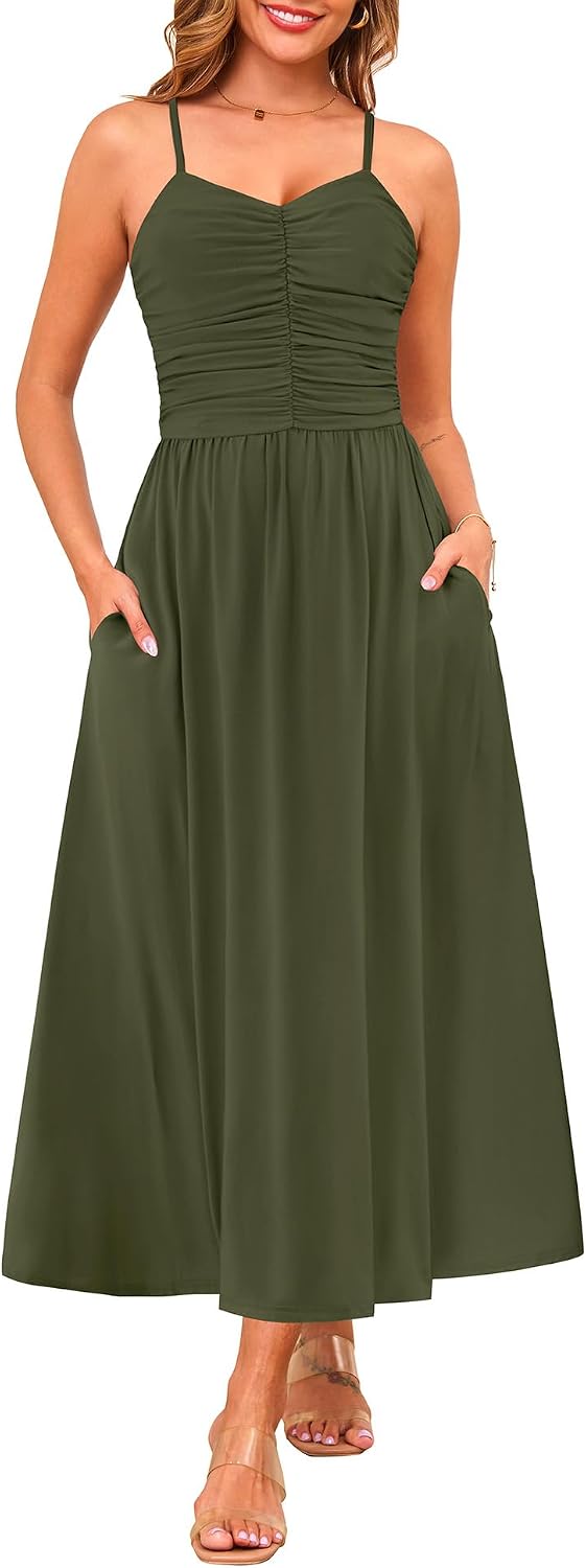 Annebouti Women's Summer Adjustable Spaghetti Strap Ruched Maxi Sun Dress | Dress with Pockets, Lined Bodice, Boho Floral Print, Perfect Summer Dress for Wedding Guest, Beach, Vacation, Resort Wear
