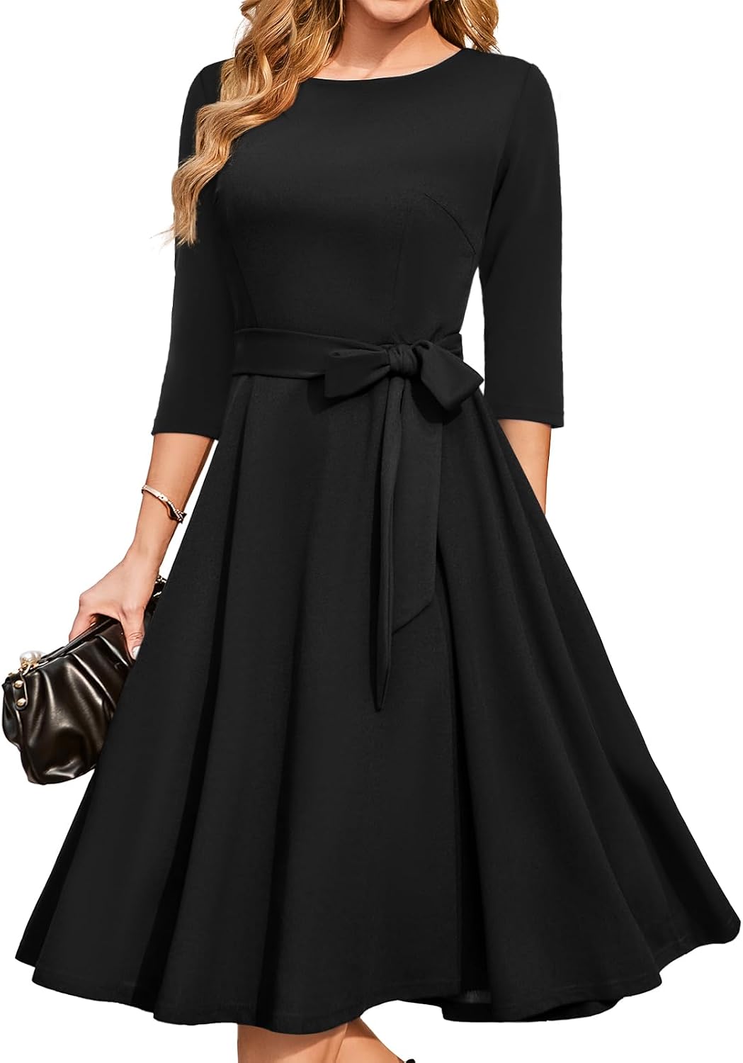 DRESSTELLS Cocktail Dresses for Women, Vintage Wedding Guest Church Dress | 3\/4 Sleeves, A-line, Mid Calf, Detachable Belt, Ideal for Formal Tea Party