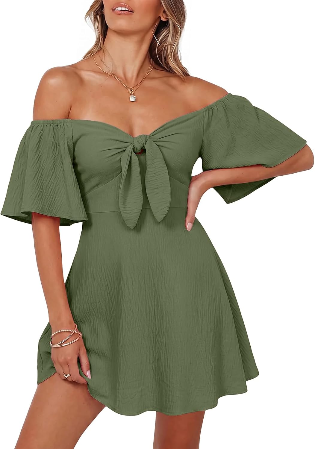 Dokotoo Womens Dresses 2026 Deep V Neck Elegant Bow tie Mini Dress S-XL | 2026 Summer Fall,Short Sleeve,V Neck,Graduation Party Dress,Elegant,Flowy Beach Vacation Wear,Casual Dress