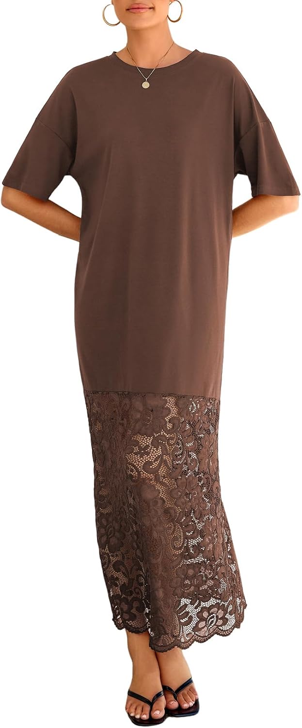 LOLONG Women Short Sleeve Lace Patchwork Crew Neck Maxi Dress Summer Trendy | Casual Loose Fit; Soft Solid Color Fabric; for Beach Vacation、Party Formal、Work Business