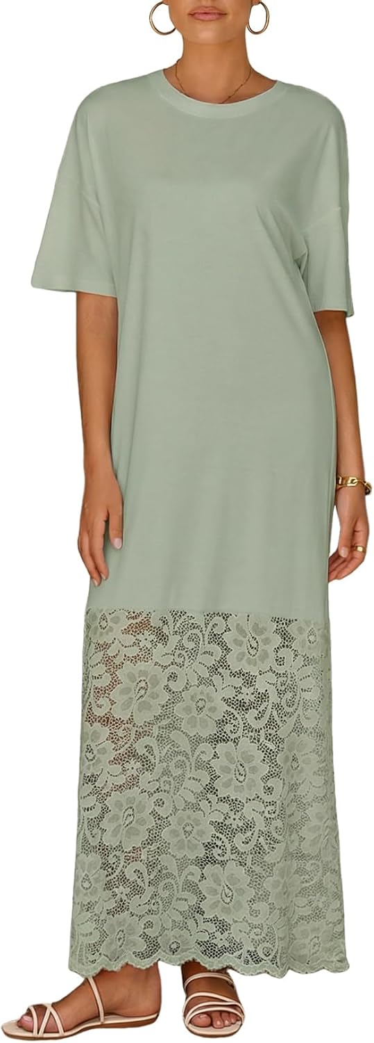 LOLONG Women Short Sleeve Lace Patchwork Crew Neck Maxi Dress Summer Trendy | Casual Loose Fit; Soft Solid Color Fabric; for Beach Vacation、Party Formal、Work Business