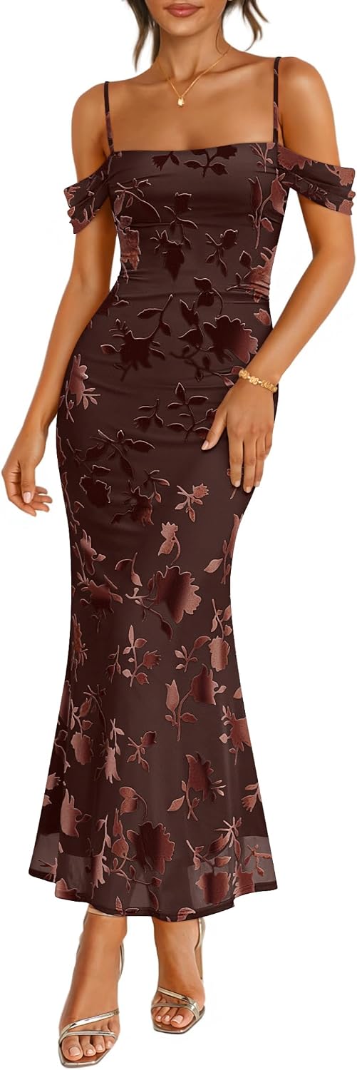 ZESICA Women's Floral Sleeveless Bodycon Cocktail Maxi Dress | Spaghetti Strap, Off Shoulder, Ruched Elegant, Formal Wedding Guest Long Dresses, Rehearsal Dinner Night Out Summer Outfits