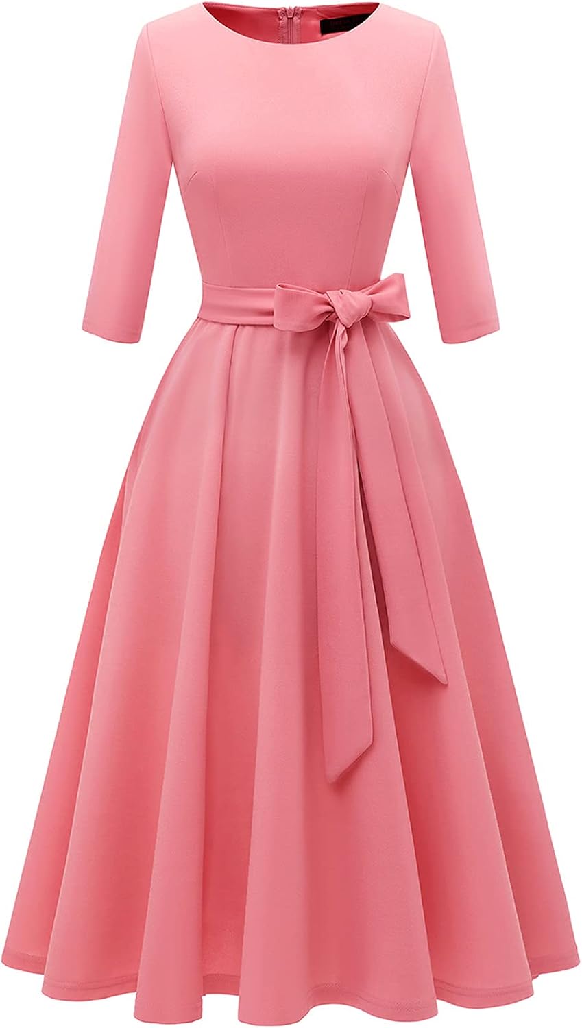DRESSTELLS Cocktail Dresses for Women, Vintage Wedding Guest Church Dress | 3\/4 Sleeves, A-line, Mid Calf, Detachable Belt, Ideal for Formal Tea Party