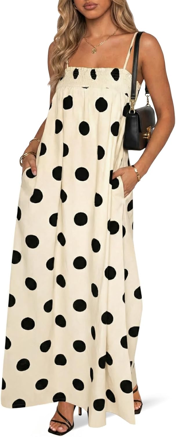 Wenrine Womens Polka Dot Maxi Dress Spaghetti Strap Long Summer Dresses | Polkadot, Sleeveless, Smocked, Loose Fit, Flowy, Long Beach Dress, Casual, Vacation