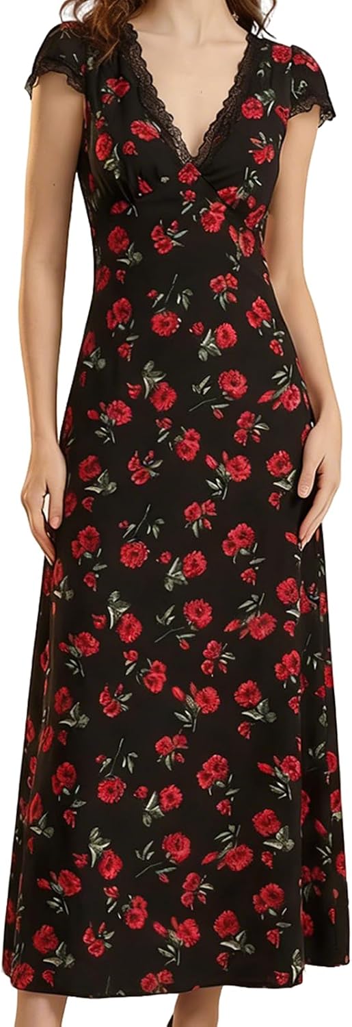 RIHOAS Women Polka Dots Dress Lace Trim V Neck Short Sleeve Long Dresses | 2026,Casual,Long,Semi Formal,Party,Prom,Vocation,Dinner,Fall,Summer,Elegant,Church,Beach
