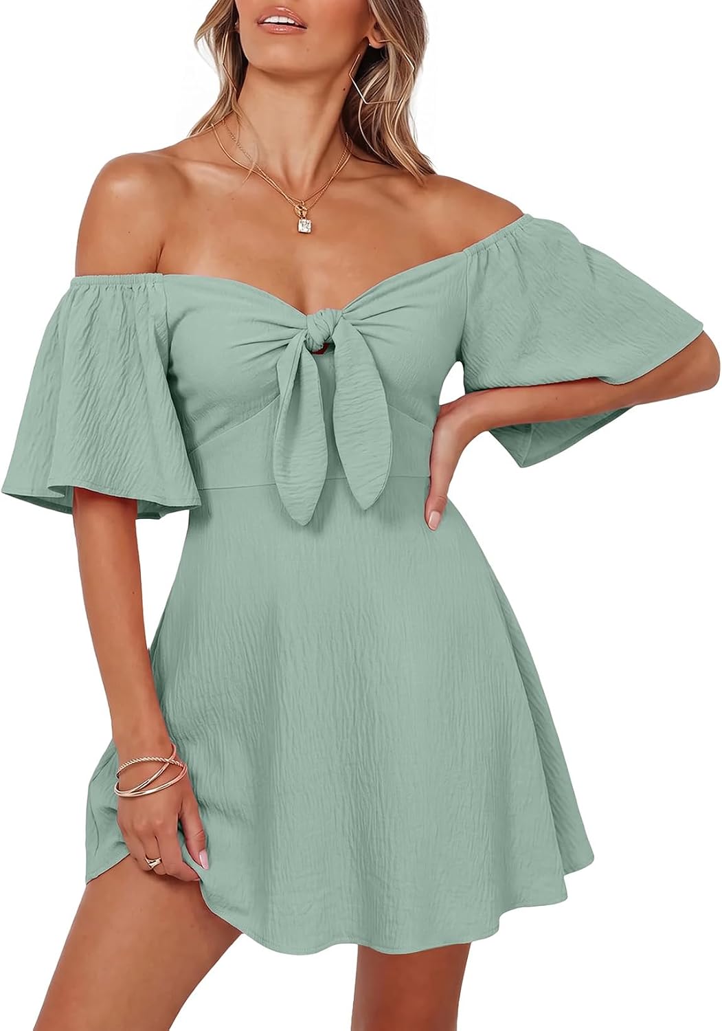 Dokotoo Womens Dresses 2026 Deep V Neck Elegant Bow tie Mini Dress S-XL | 2026 Summer Fall,Short Sleeve,V Neck,Graduation Party Dress,Elegant,Flowy Beach Vacation Wear,Casual Dress