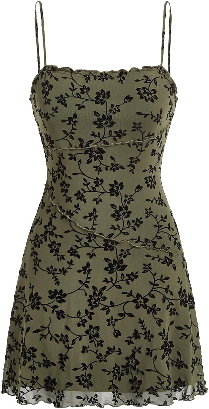 Verdusa Women's Mini Dress Floral Mesh Spaghetti Strap Short Dresses Y2k | Gothic Goth Dress, Grunge Emo Clothes, Teen Dresses, Teen Wedding Guest Dress