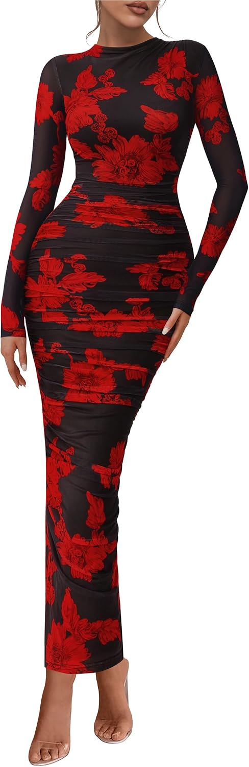 PRETTYGARDEN Long Sleeve Maxi Dresses for Women Wedding Guest Fall Outfits | Ruched Bodycon Dress Long, Floral Mesh, Date Night, Formal Cocktail Party, Homecoming Holiday Dresses