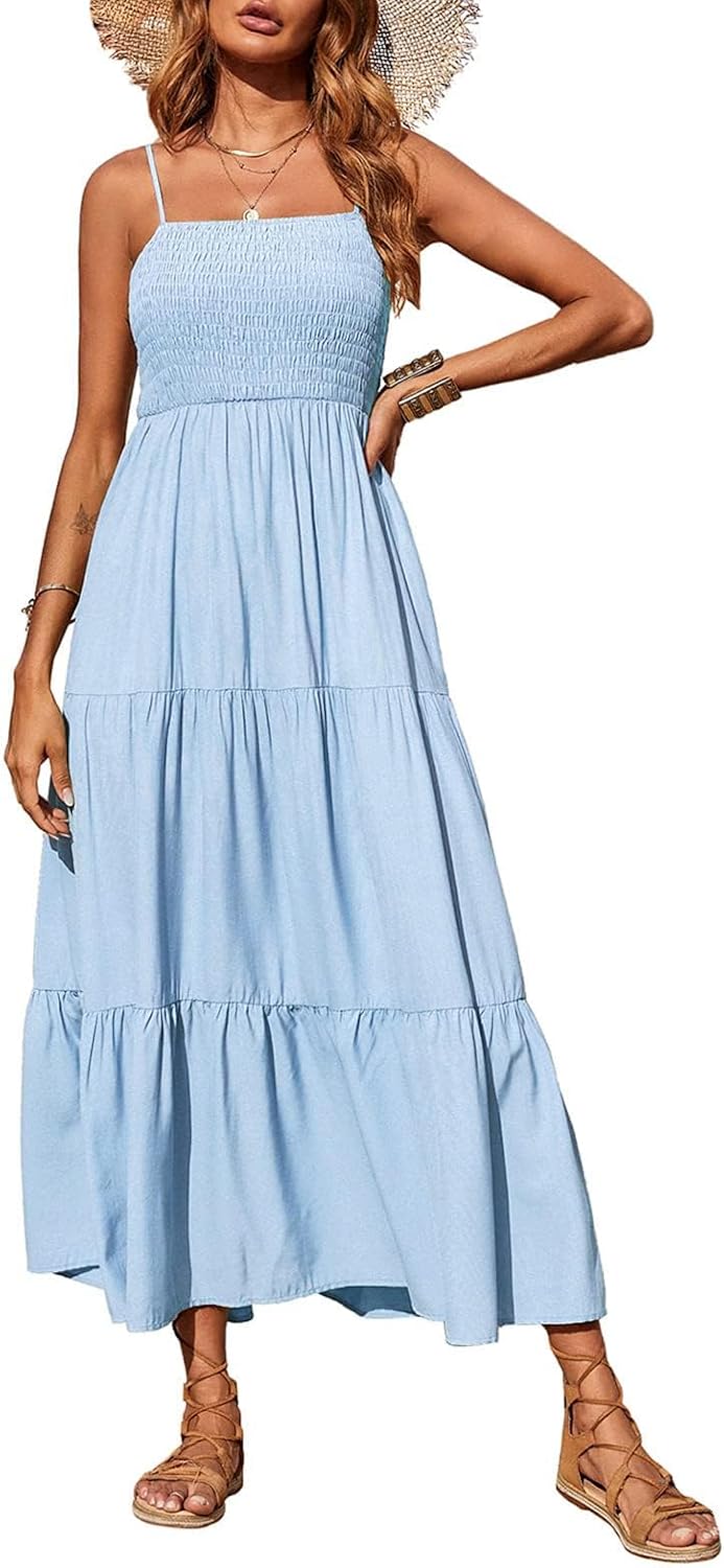 PRETTYGARDEN Women's Summer Maxi Dress 2026 Spaghetti Strap Sundresses | Boho Dress, Sleeveless, Smocked, Flowy Tiered A Line Long Dress, Beach Vacation, Party, Wedding Guest